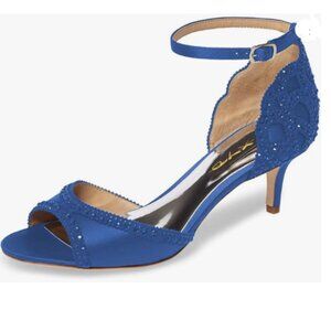 XYD Royal Blue Open Toe Rhinestones Ankle Strap Sandals Low Heel Bridal Shoes